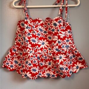 entro Red Floral Scalloped-Hem Camisole with Blue Accents. Sz L. NWT